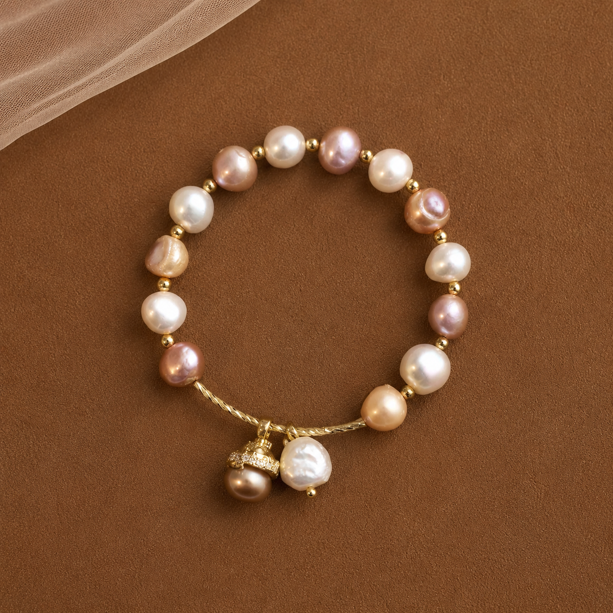 Multicolor freshwater pearl bracelet with two dangling pearl charms displayed on a brown surface