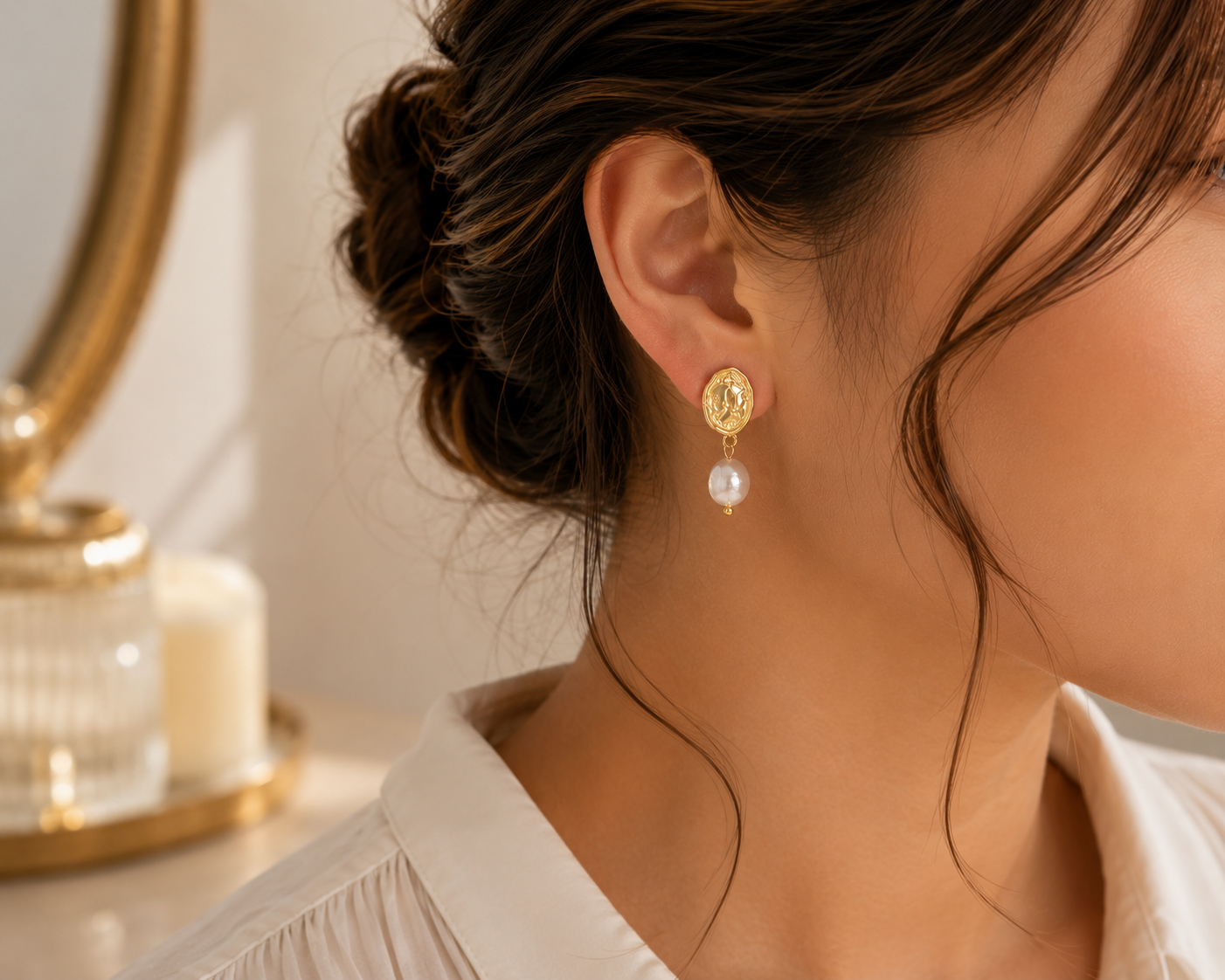 Right-side view of woman wearing freshwater pearl vintage coin earrings