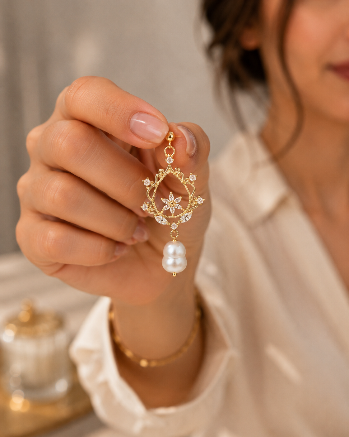 Woman holding a freshwater pearl floral filigree drop earring