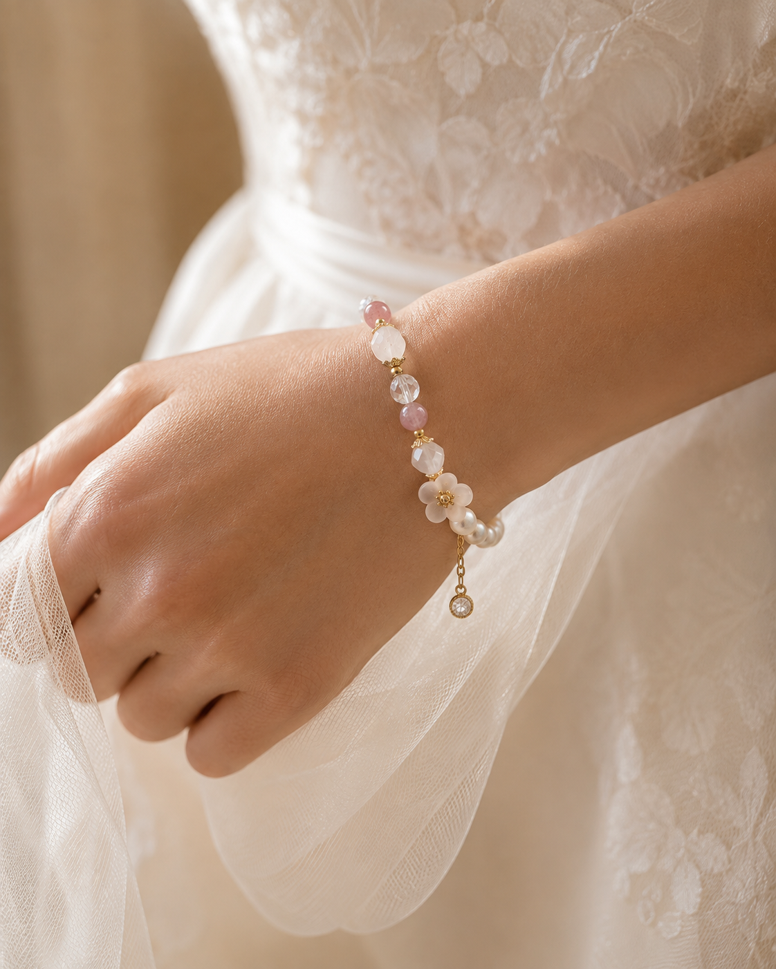 Close-up of a freshwater pearl bracelet with pink beads, a flower charm and a sparkling drop