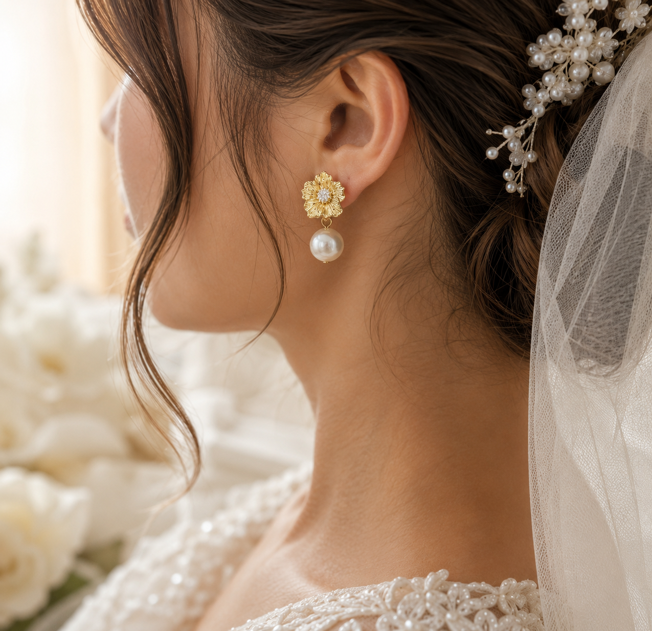 White freshwater pearl and gold flower dangle earrings styled for a bridal look