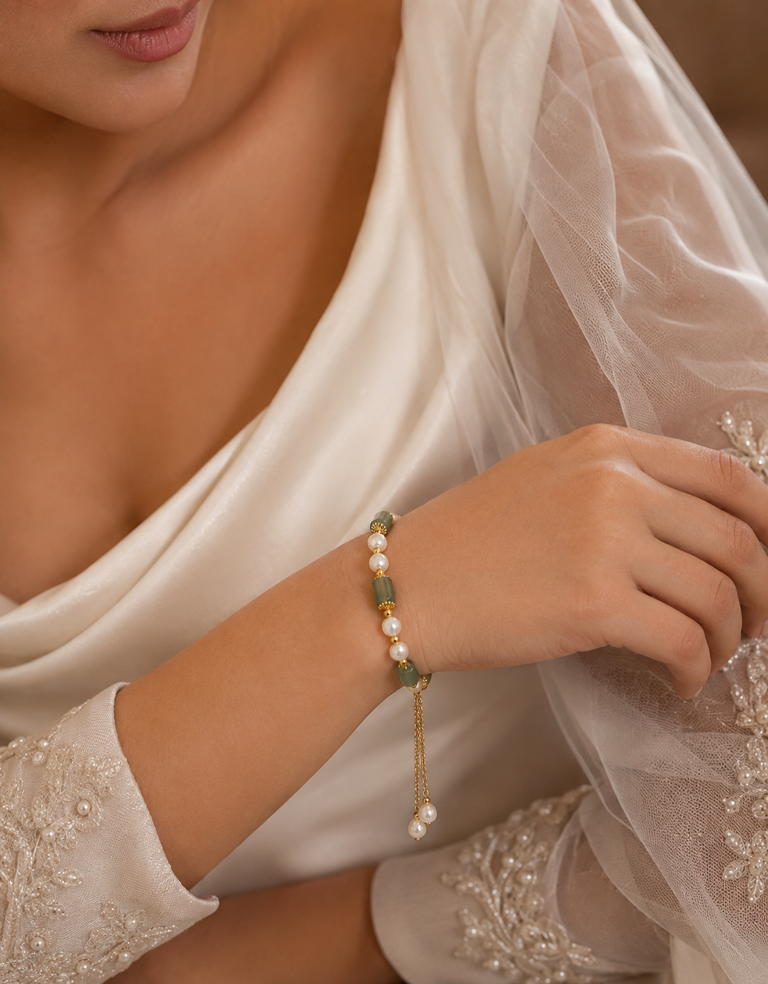Bride wearing a white freshwater pearl bracelet with rectangular green beads and a gold-tone sliding closure