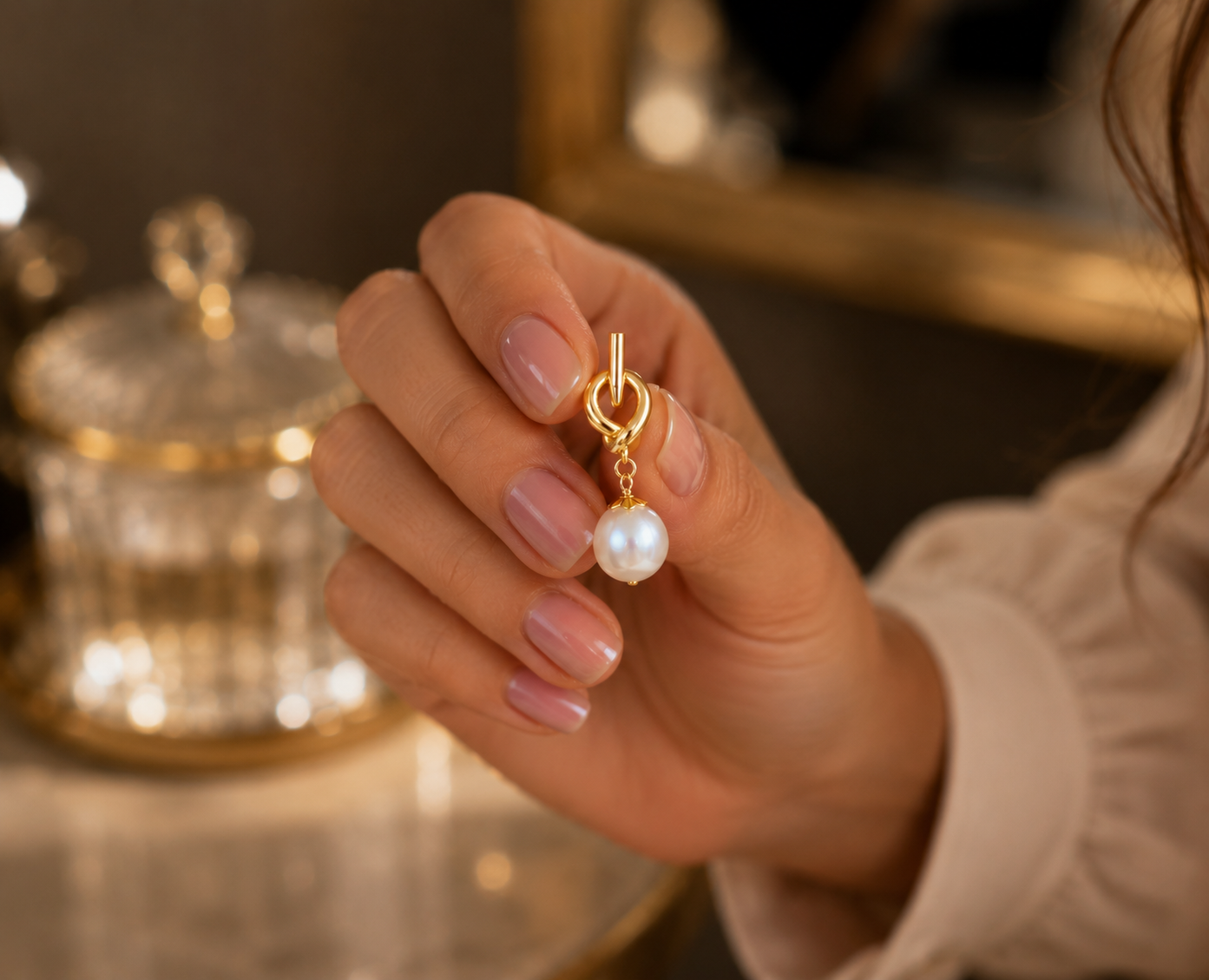 Woman holding a freshwater pearl knot drop earring