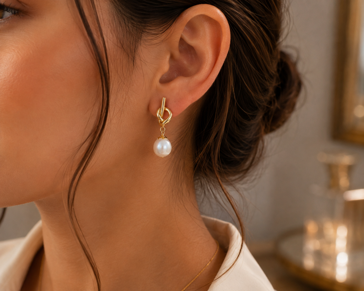 Woman wearing freshwater pearl knot drop earrings