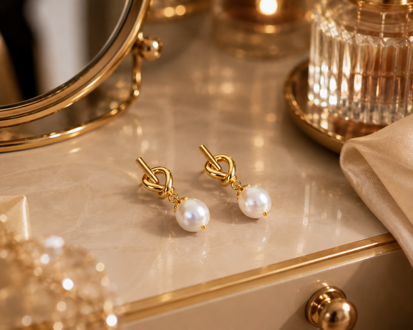Pair of freshwater pearl knot drop earrings displayed on a cream vanity