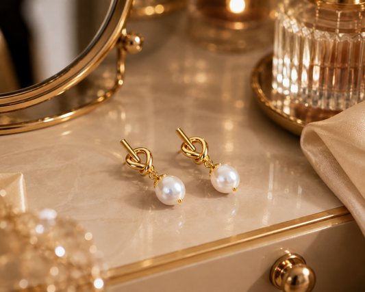 Pair of freshwater pearl knot drop earrings displayed on a cream vanity