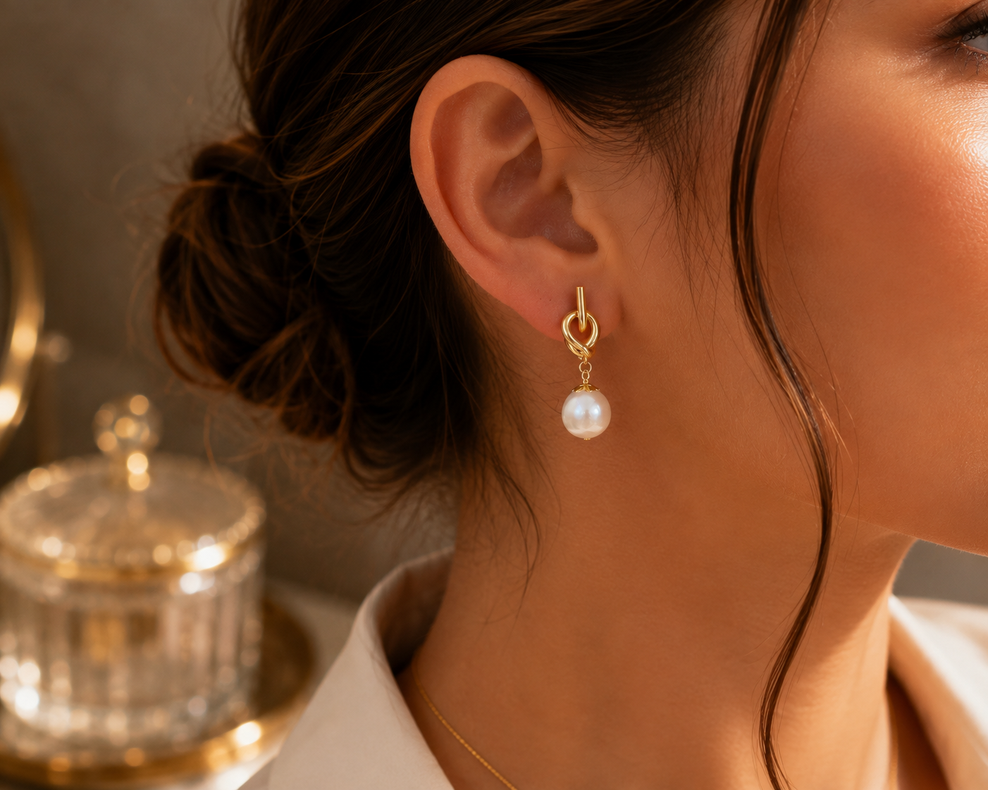 Side view of woman wearing freshwater pearl knot drop earrings