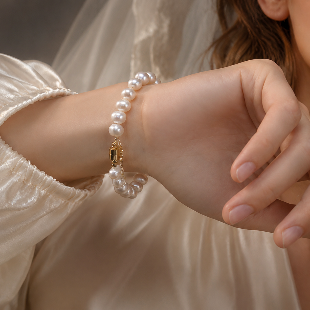 Woman wearing a natural freshwater pearl bracelet with a gold-tone magnetic clasp