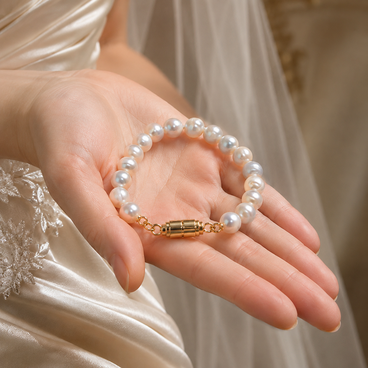 Natural freshwater pearl magnetic clasp bracelet displayed in a woman’s hand