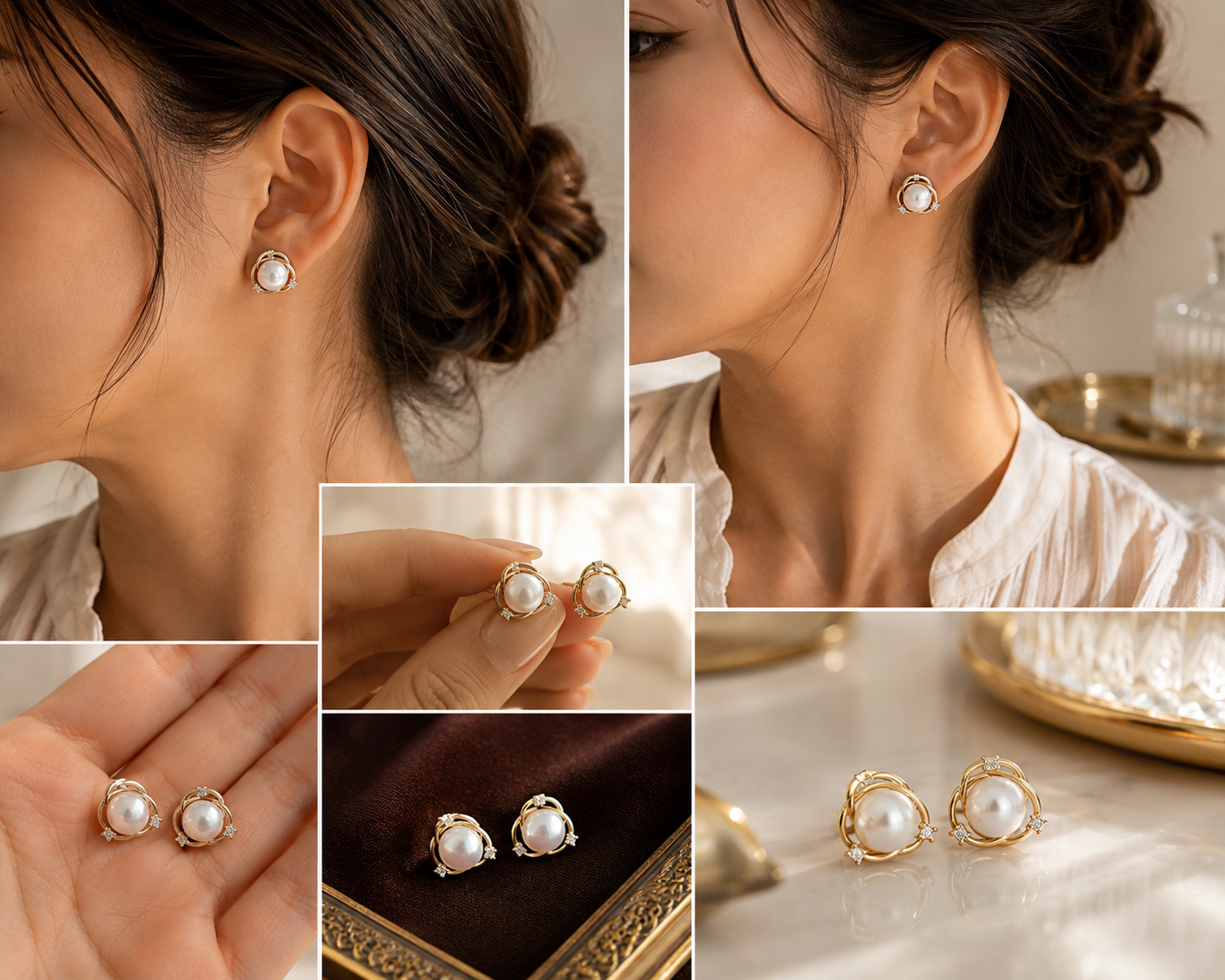 Collage showing freshwater pearl orbit stud earrings worn and displayed from multiple angles