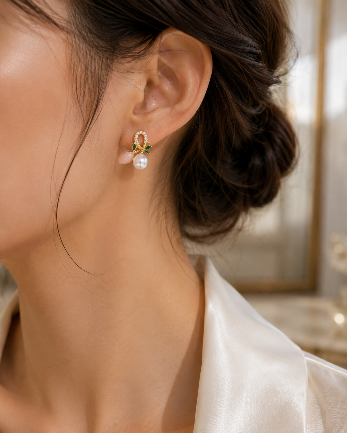 Woman wearing freshwater pearl pink floral stud earrings