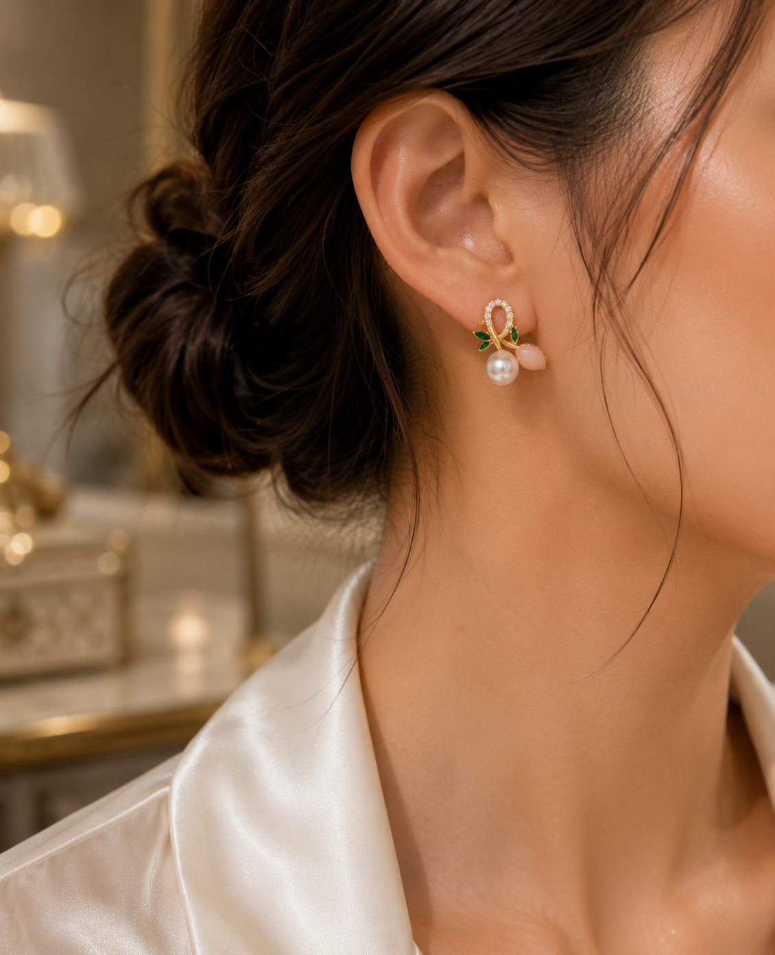 Side view of woman wearing freshwater pearl floral stud earrings