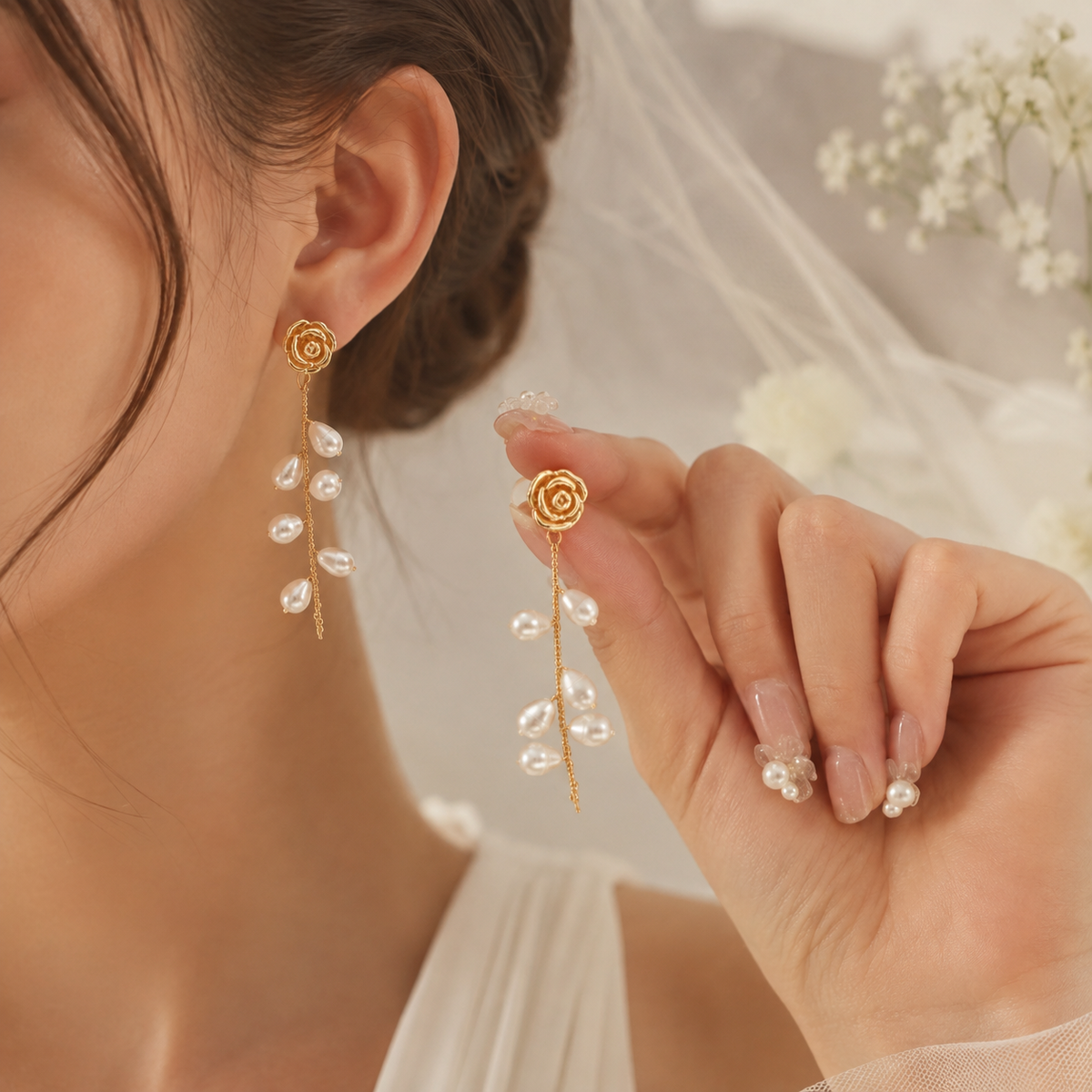 Woman wearing freshwater pearl rose vine drop earrings