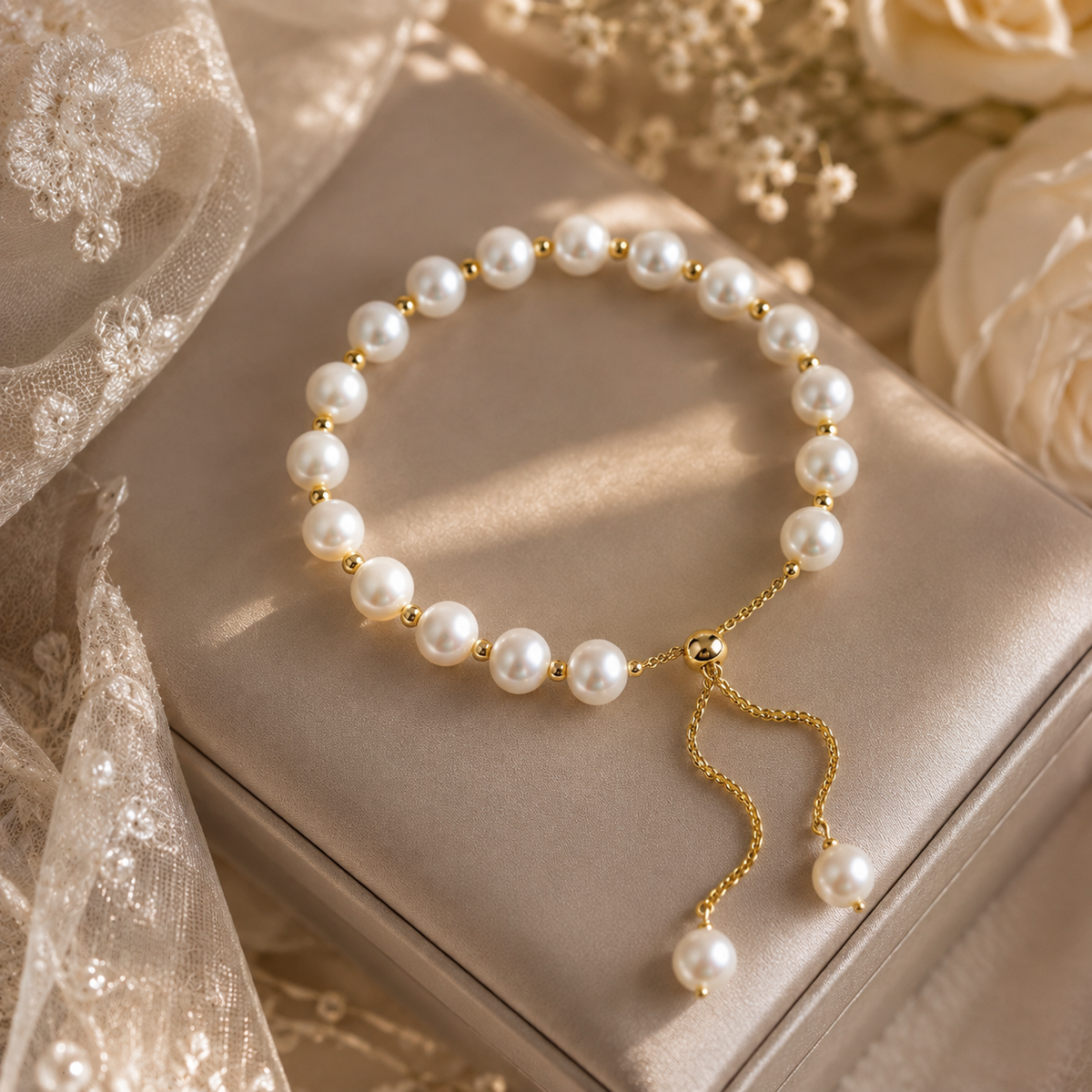 White freshwater pearl slider bracelet with gold-tone beads and two pearl drop chain ends