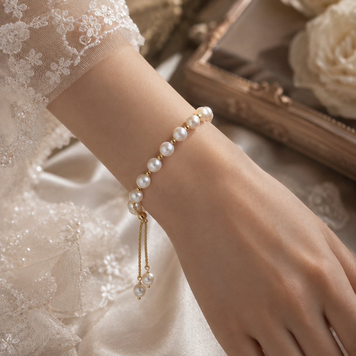 Close-up of a freshwater pearl slider bracelet with double pearl drops worn on the wrist