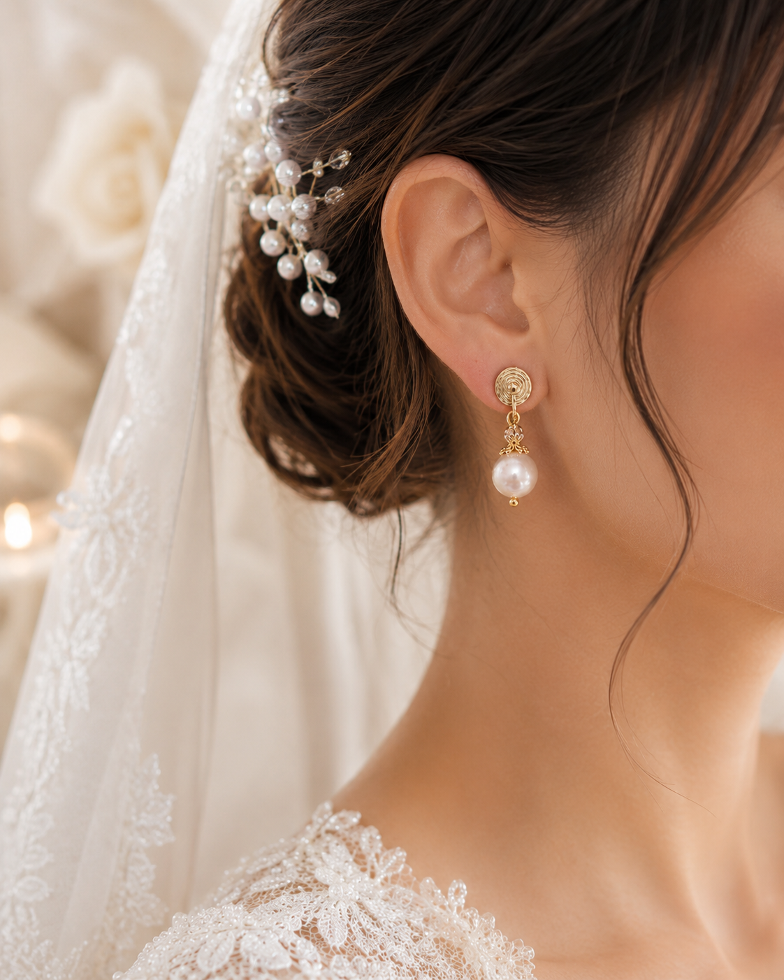 Side view of a bride wearing gold-tone spiral and white pearl drop earrings