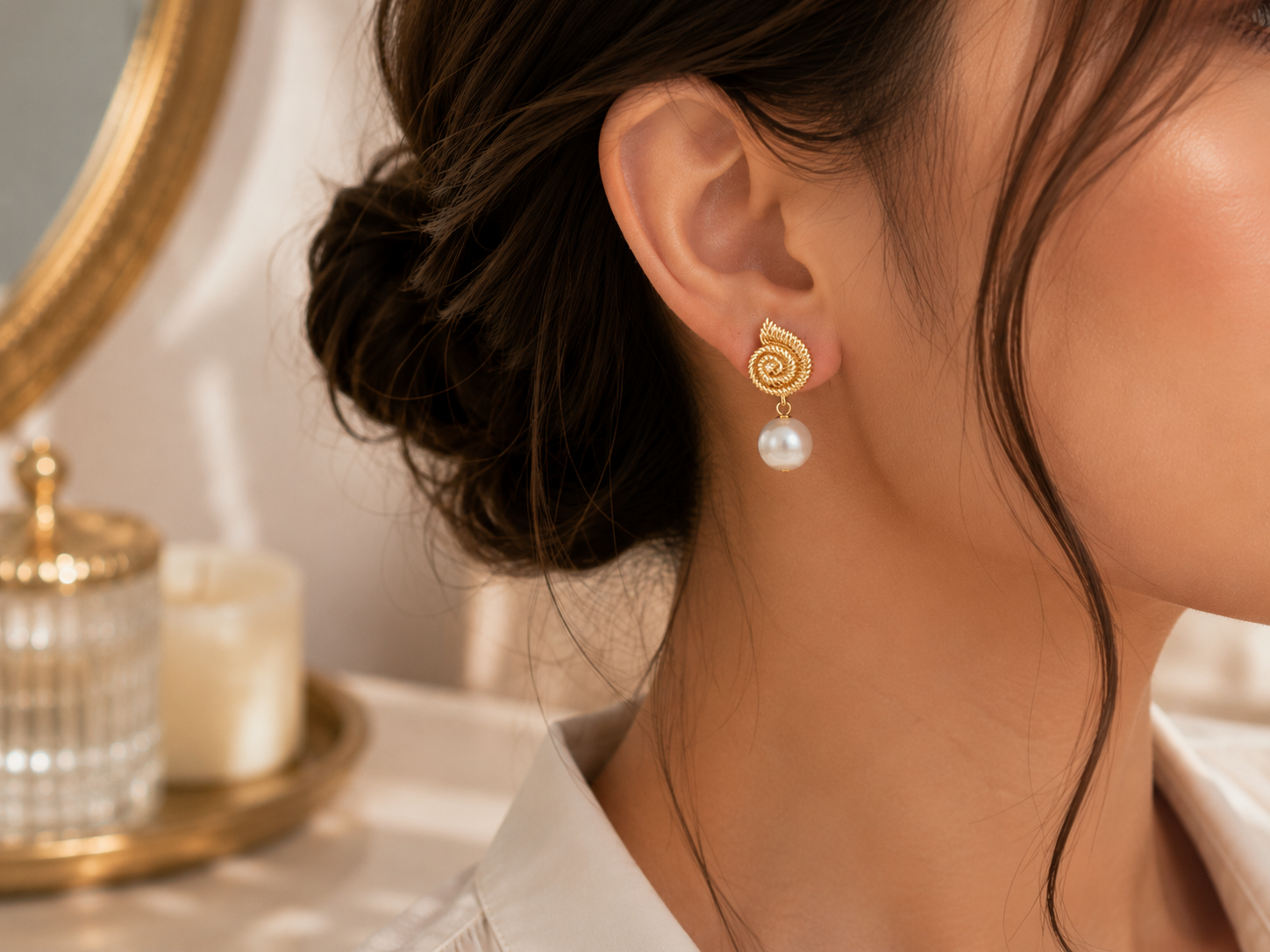 Side view of woman wearing freshwater pearl spiral drop earrings