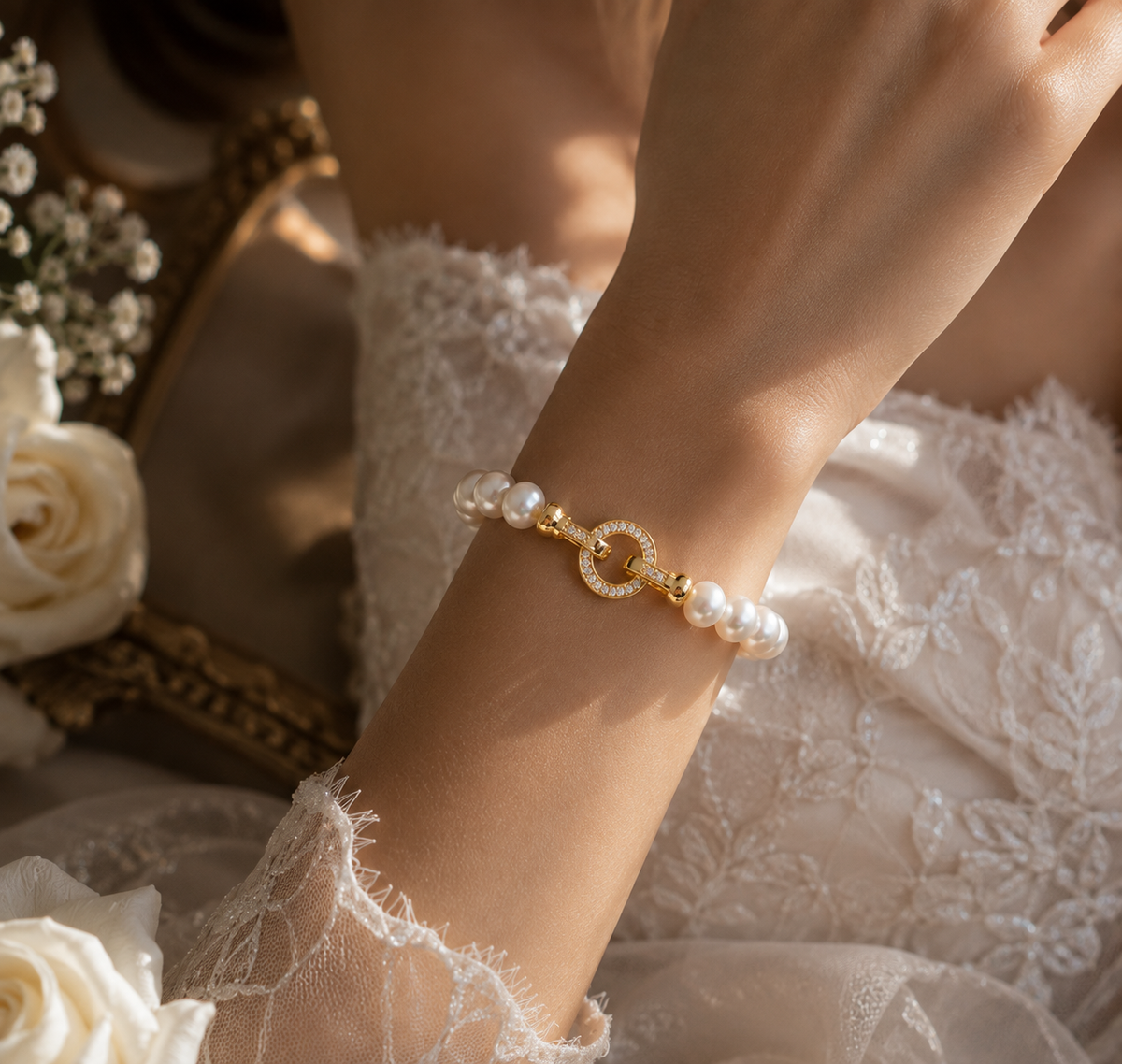Close-up of a freshwater pearl bracelet with a gold-tone circular toggle clasp worn on the wrist
