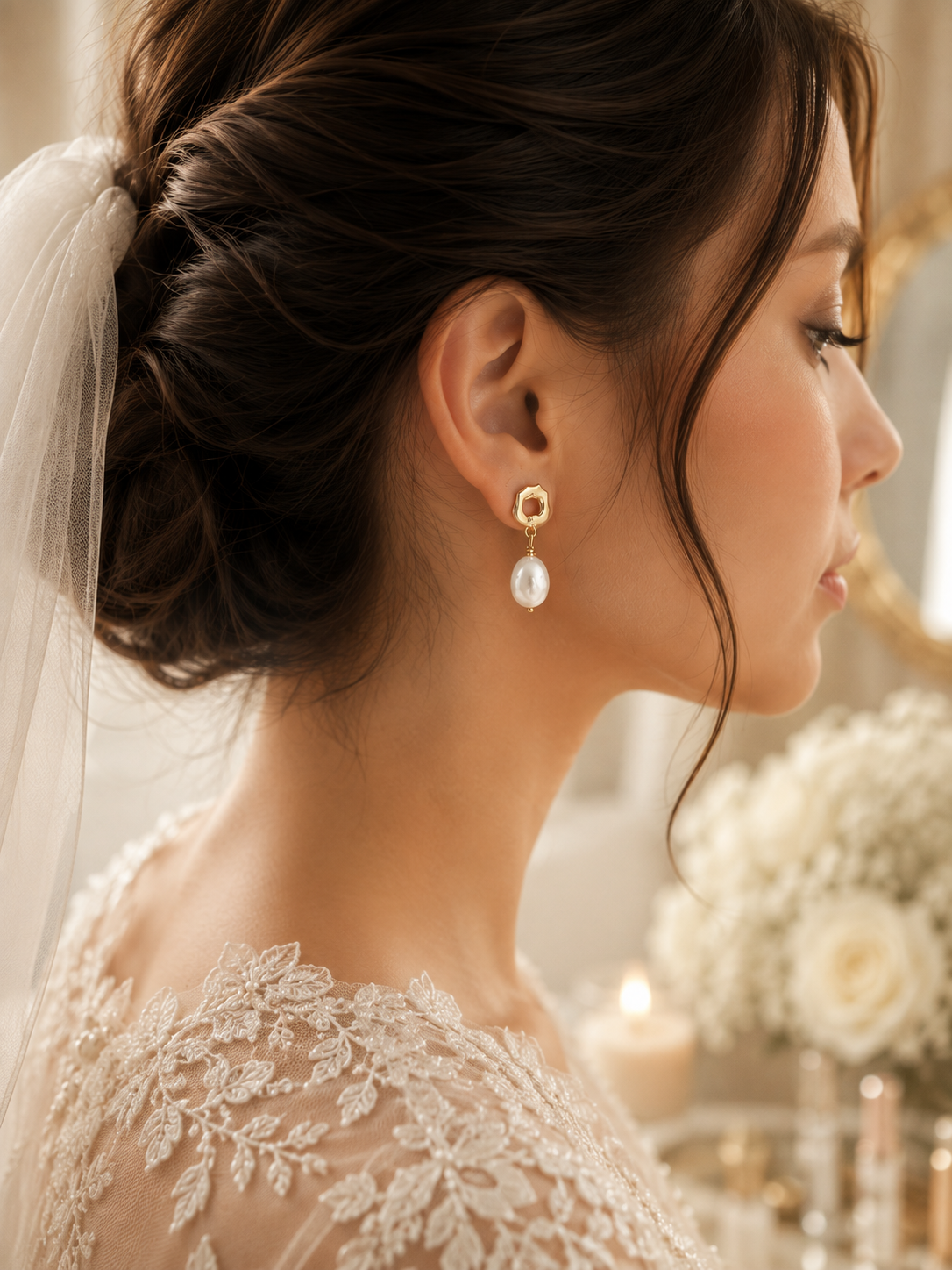 Bridal portrait featuring gold-tone earrings with white baroque pearl drops