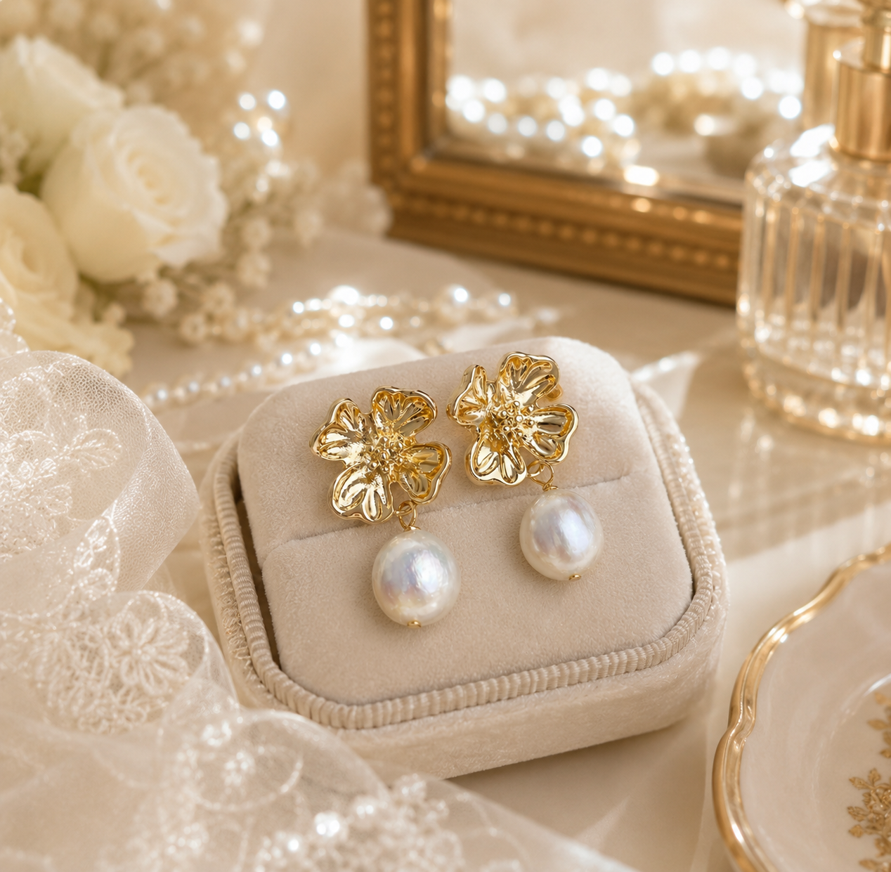 Pair of gold-tone blossom earrings with white baroque pearls on a bridal display