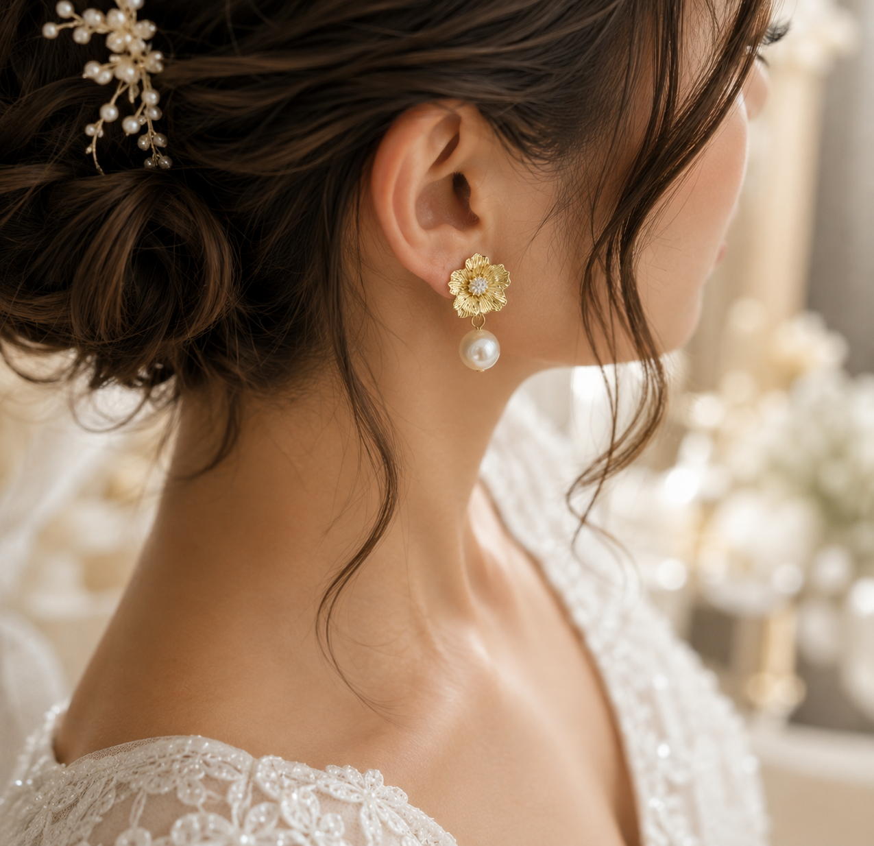Bride wearing textured gold floral earrings with white pearl drops