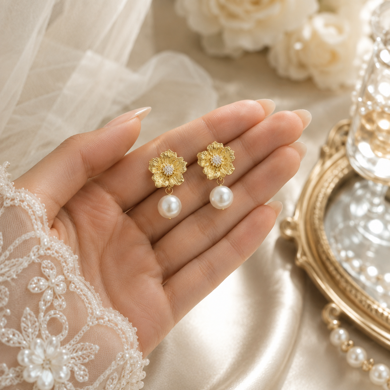 Pair of gold flower and white freshwater pearl earrings displayed in hand