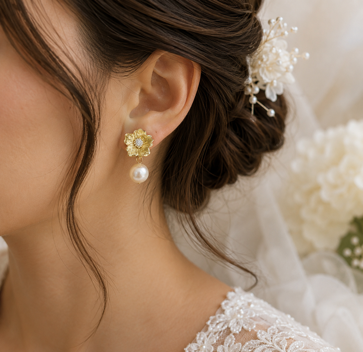Bride wearing gold flower earrings with dangling white freshwater pearls