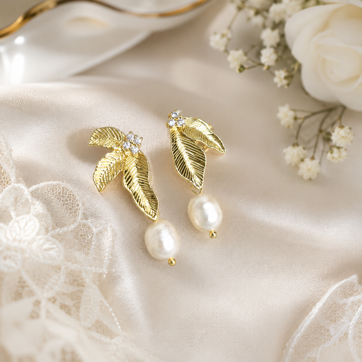 Gold leaf dangle earrings with white freshwater pearls and crystal accents