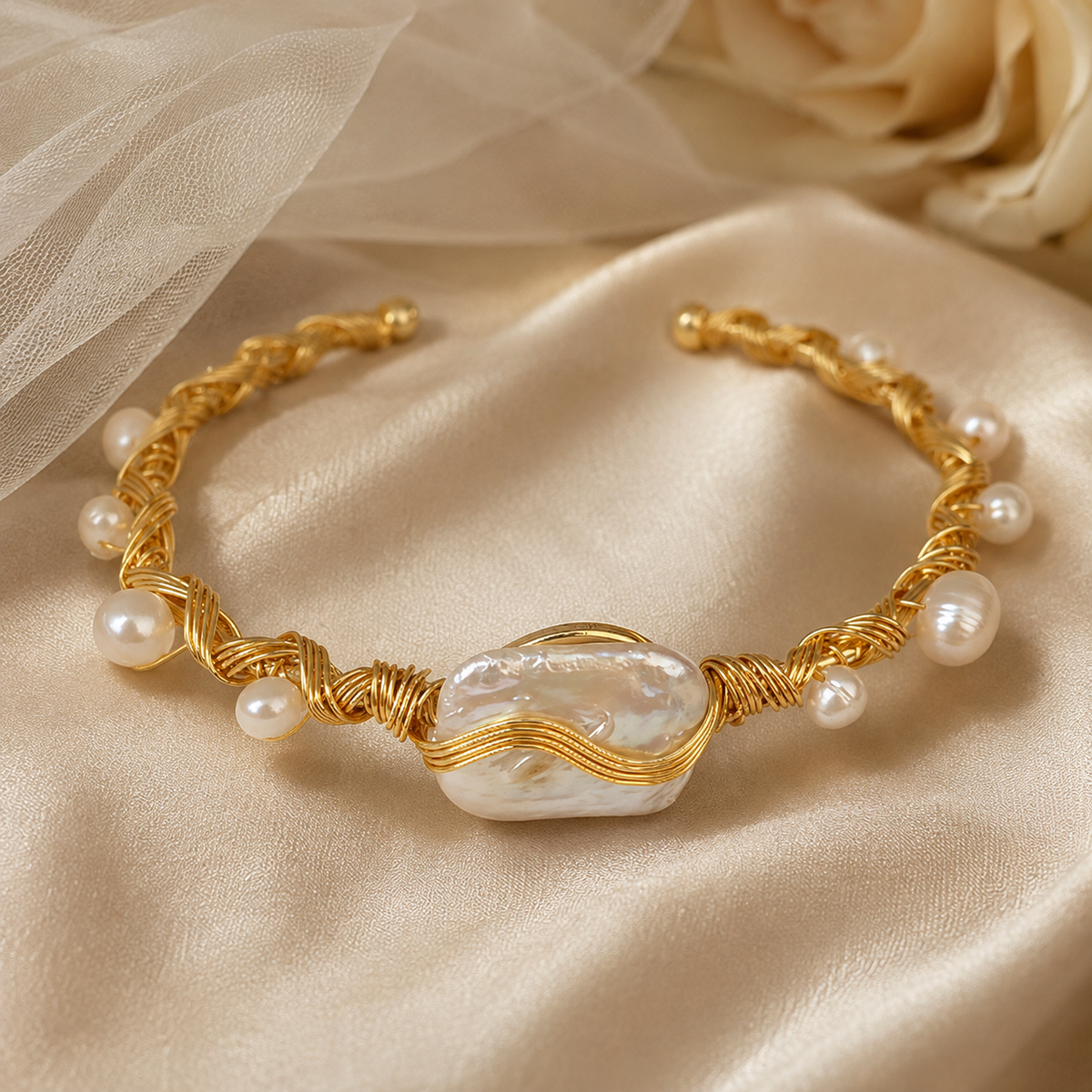 Gold-tone wire cuff bracelet with a large white baroque freshwater pearl and smaller pearl accents