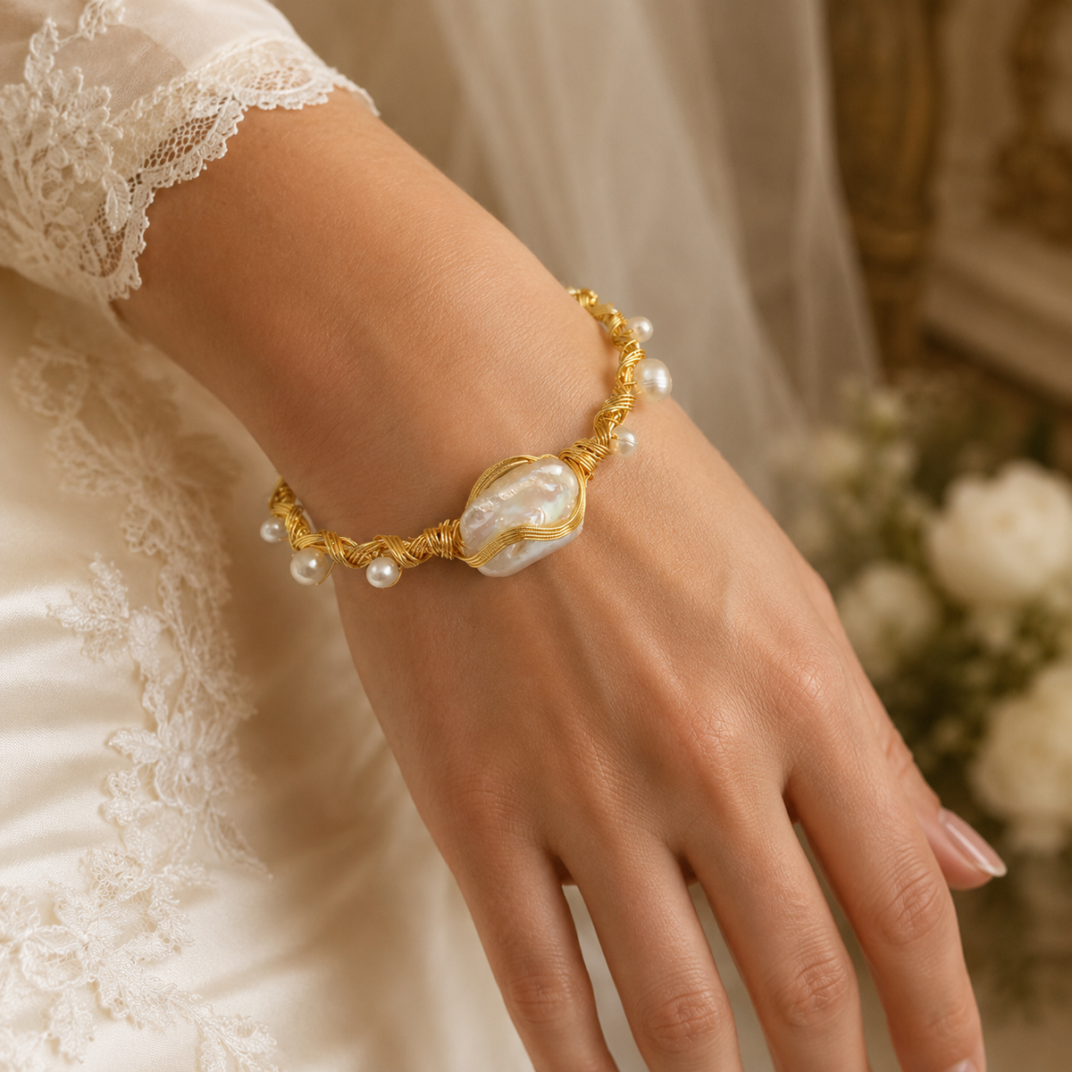 Bride wearing a gold-tone wire cuff bracelet with a large white baroque freshwater pearl