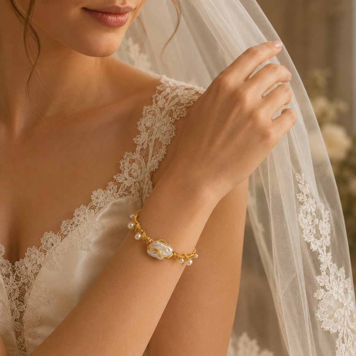 Bridal portrait featuring a gold-tone wire cuff bracelet with a white baroque freshwater pearl centerpiece