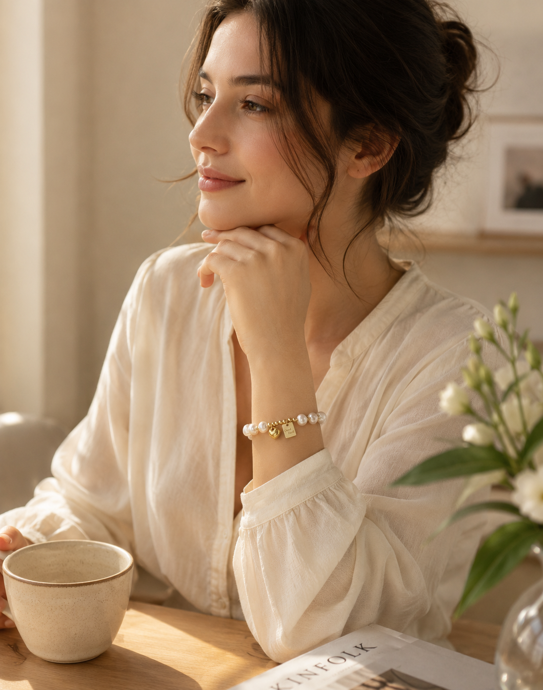 Woman wearing a white pearl Good Luck charm bracelet with a casual outfit