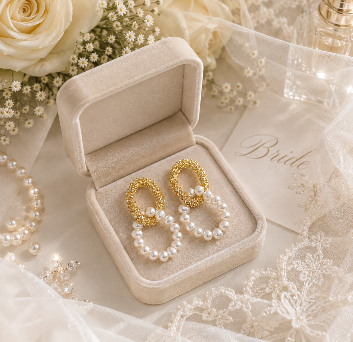 Interlocking freshwater pearl earrings presented in an ivory bridal jewelry box