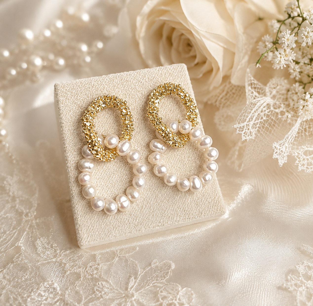 Interlocking oval earrings with textured gold-tone tops and freshwater pearl loops