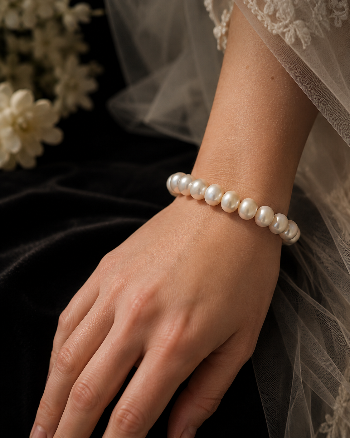Bride wearing a bracelet featuring large white genuine freshwater pearls