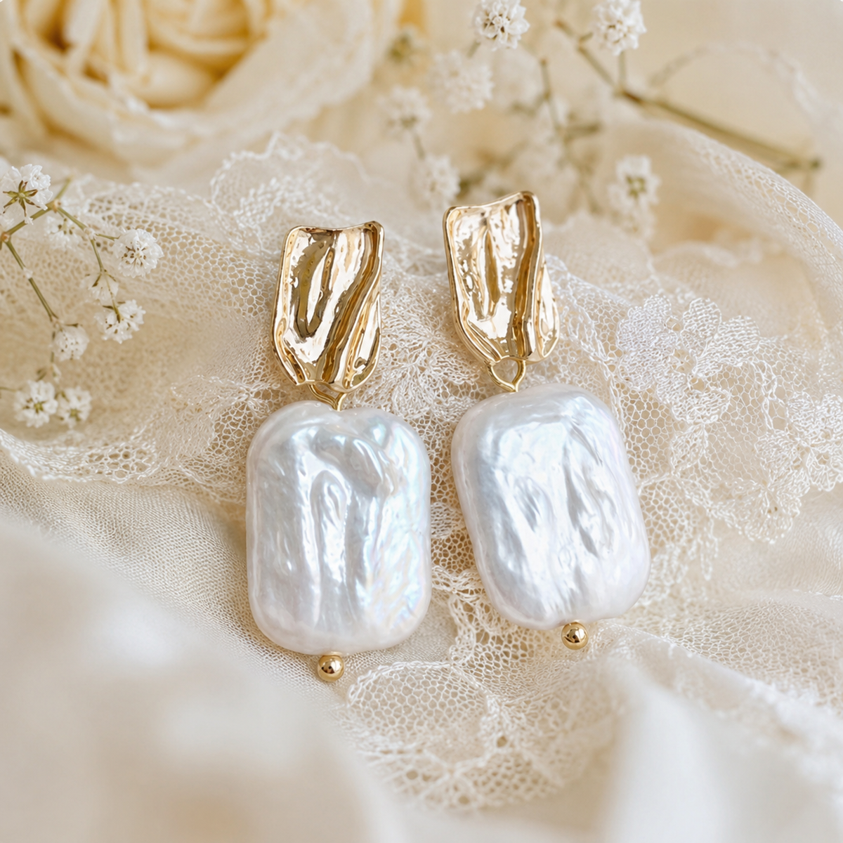 Large rectangular baroque freshwater pearl earrings with sculptural gold-tone studs