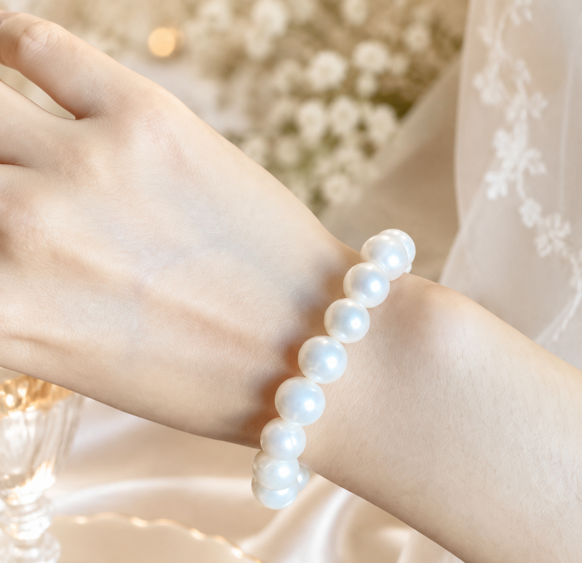 Large white freshwater pearl bracelet worn on the wrist in an elegant bridal setting