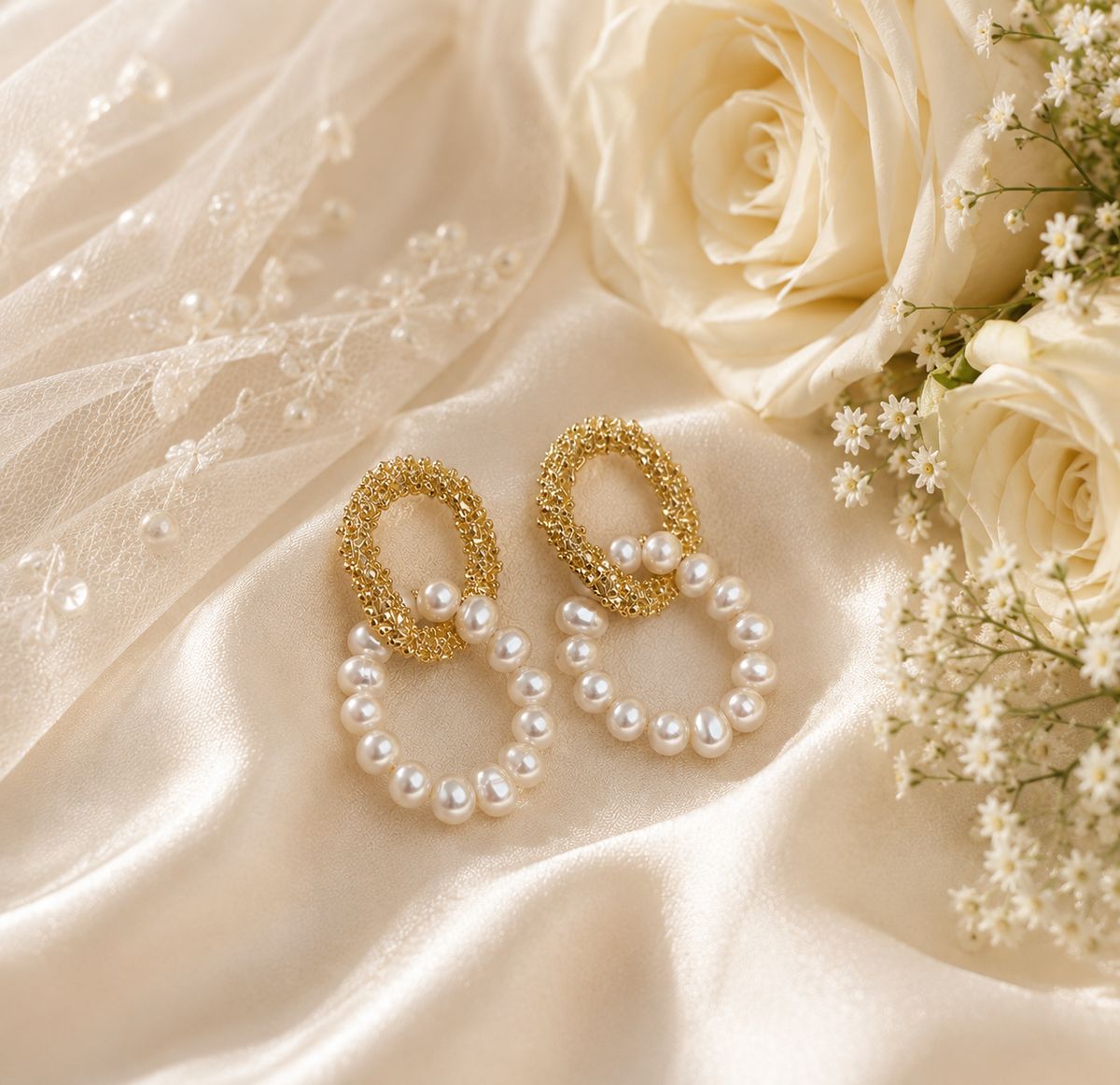 Linked pearl loop earrings arranged on ivory bridal satin beside white roses
