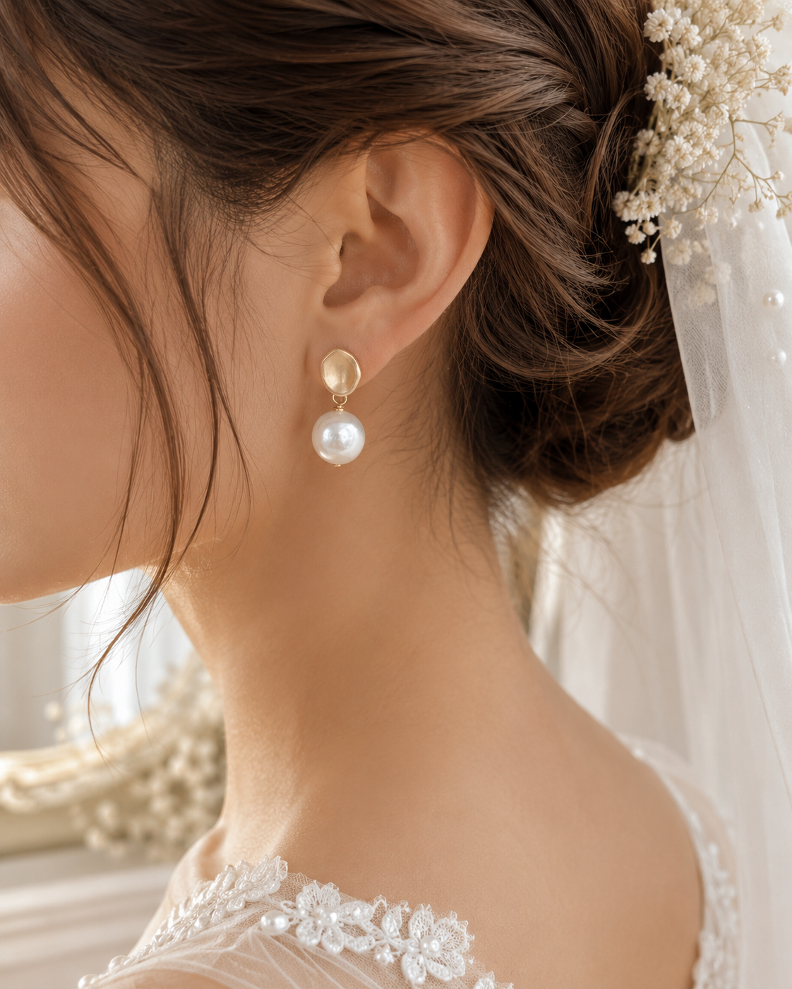 Bridal side view featuring a white freshwater pearl dangle earring