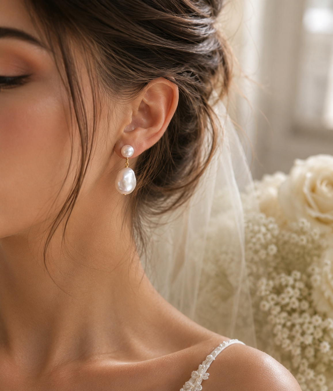 Bride wearing minimalist double-pearl earrings with natural baroque drops