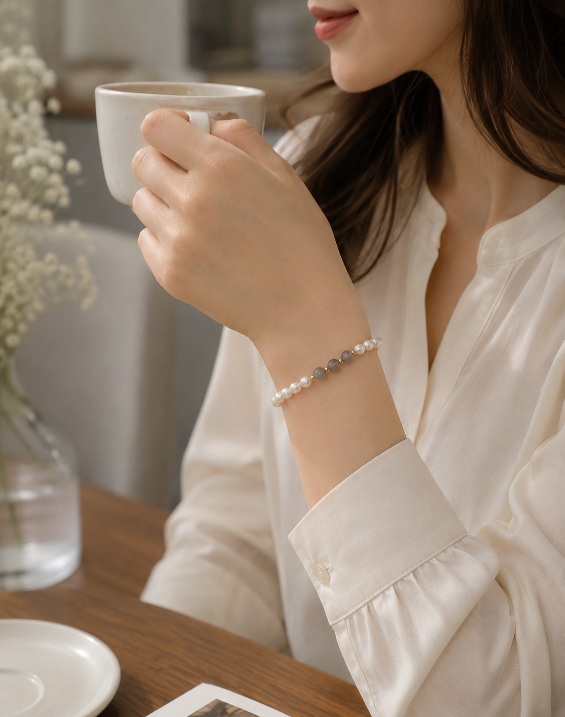 Minimalist white pearl and gray beaded bracelet styled for everyday wear