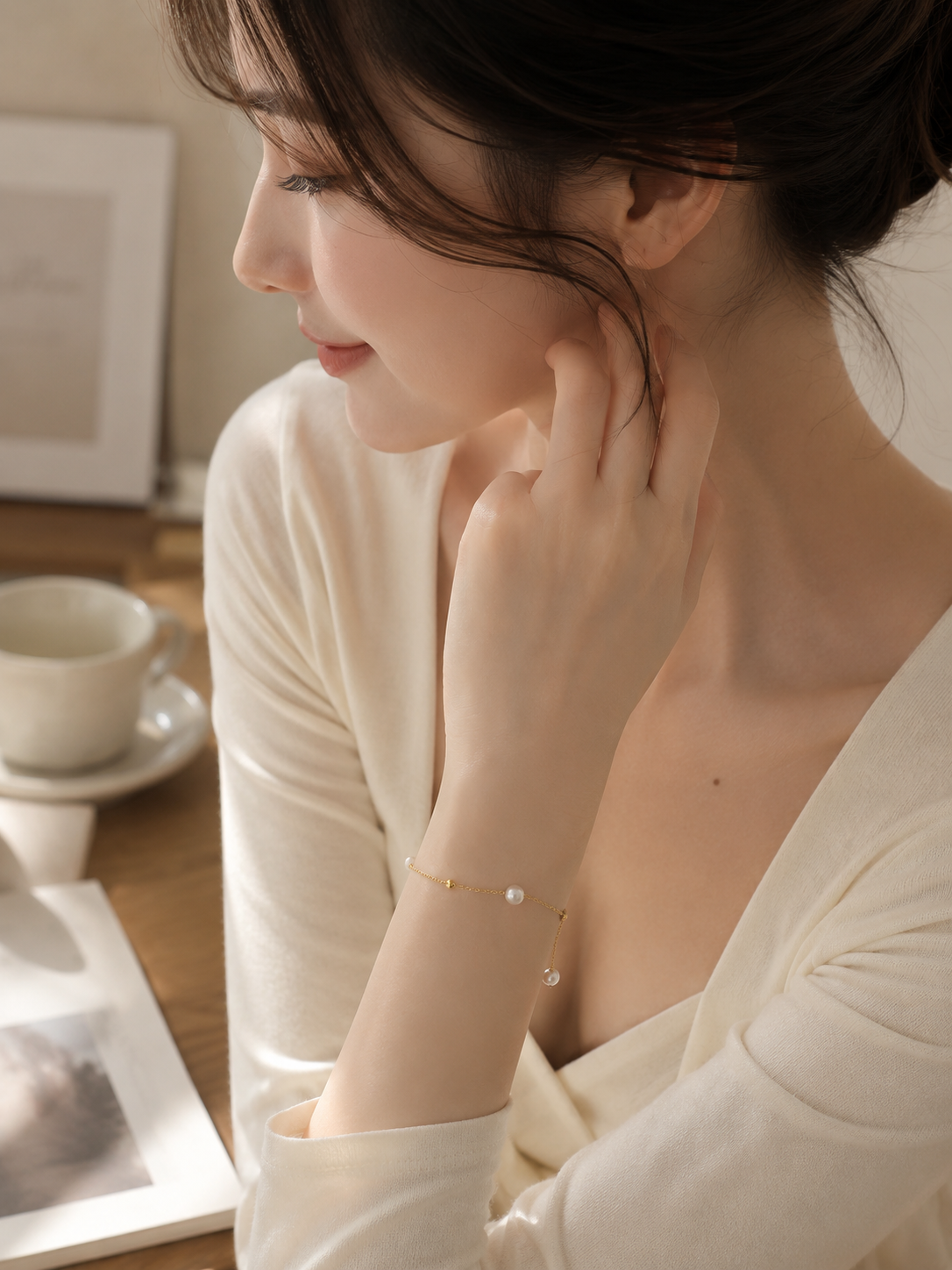 Woman wearing a minimalist white pearl and gold-tone slider bracelet