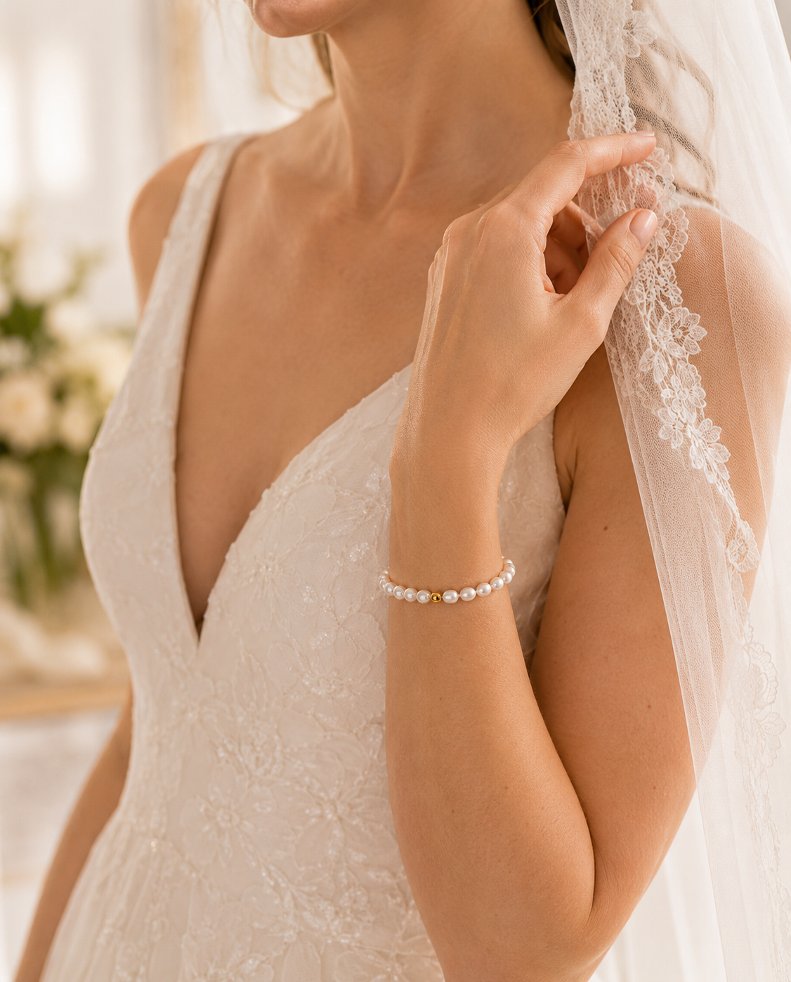 Bridal portrait featuring a minimalist white freshwater pearl stretch bracelet