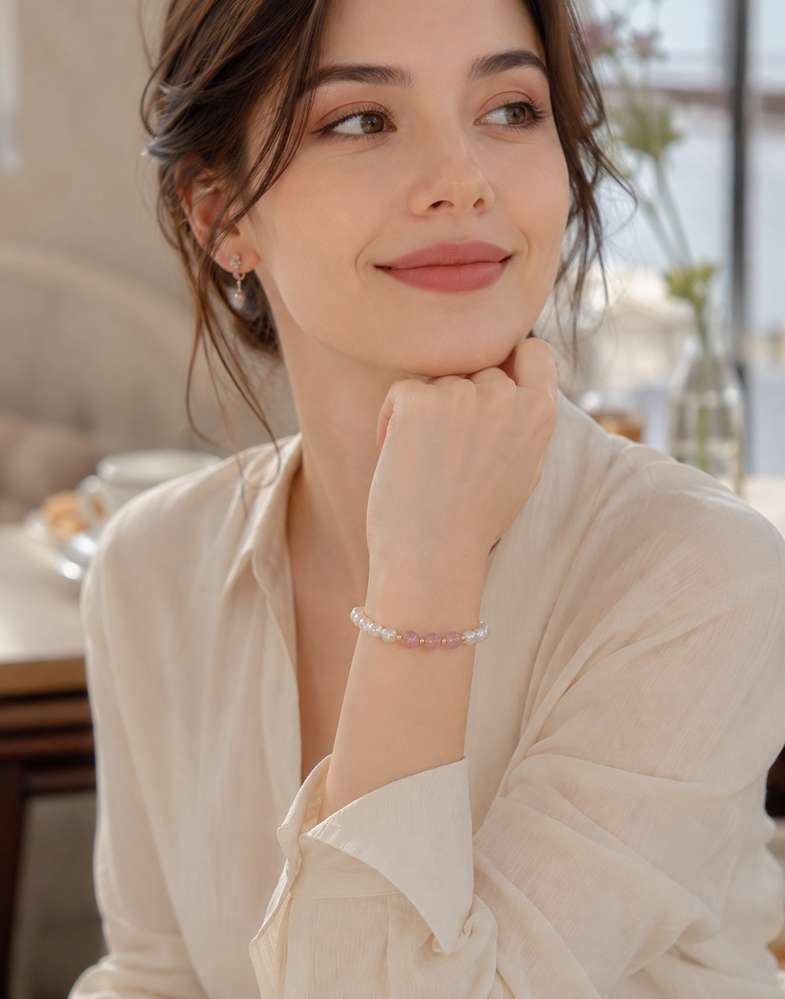 Minimalist white pearl and pink beaded bracelet styled for everyday wear
