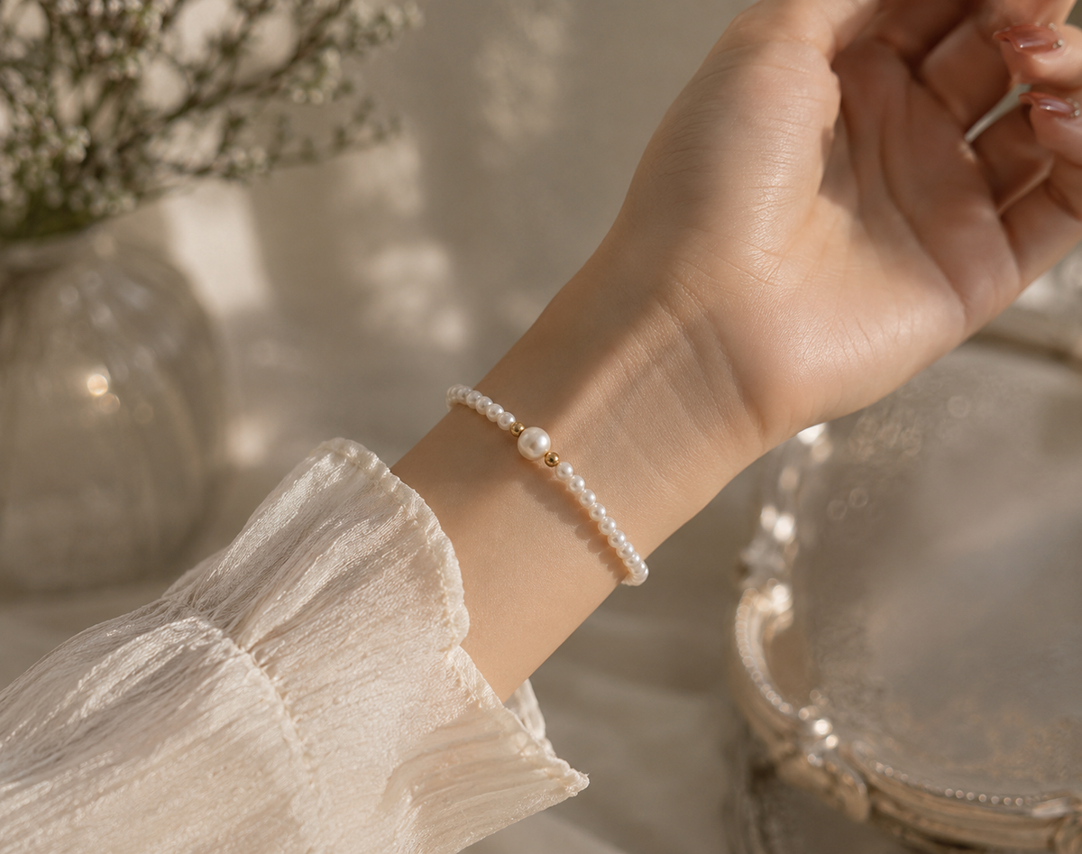Close-up of a minimalist white pearl stretch bracelet with gold-tone accent beads