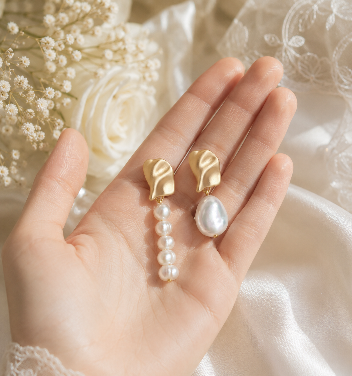 Complete asymmetrical freshwater pearl earring pair displayed in hand