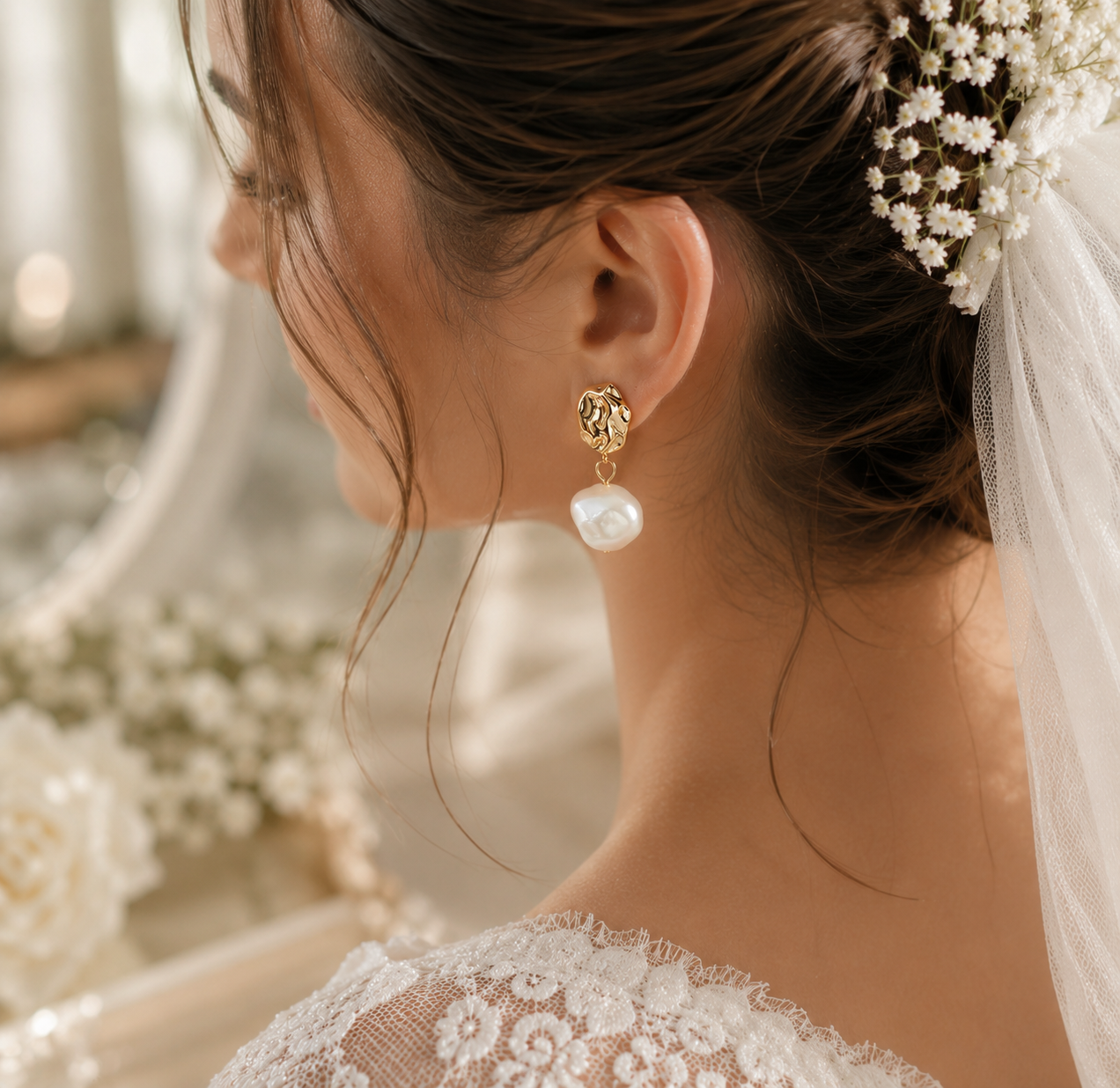 Modern gold and white pearl drop earring shown in an elegant bridal look