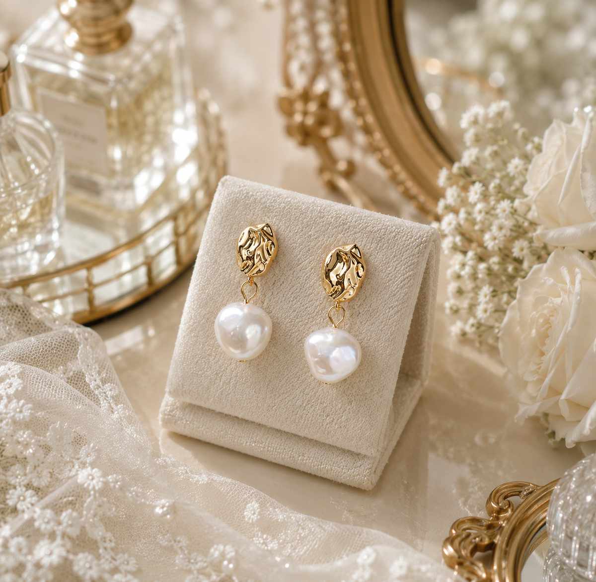 Molten gold style earrings with irregular white pearls beside bridal accessories