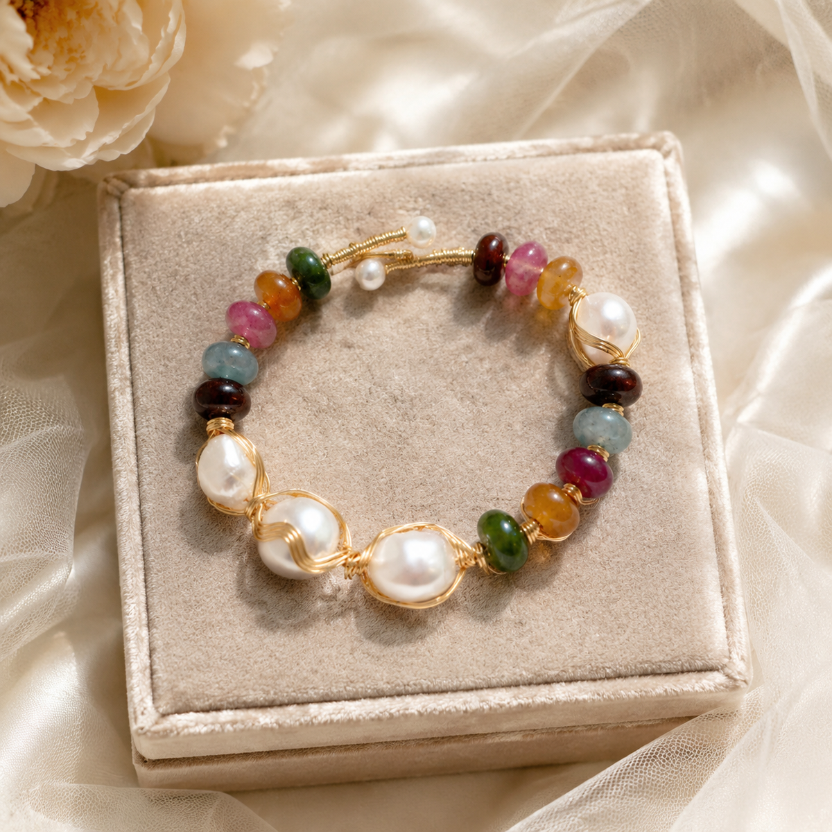 White baroque freshwater pearl bracelet with multicolor beads displayed on a bridal jewelry box