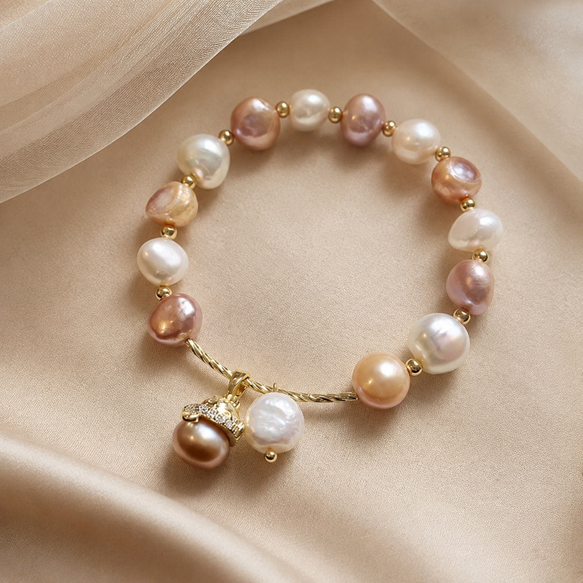 Multicolor freshwater pearl charm bracelet displayed on champagne satin